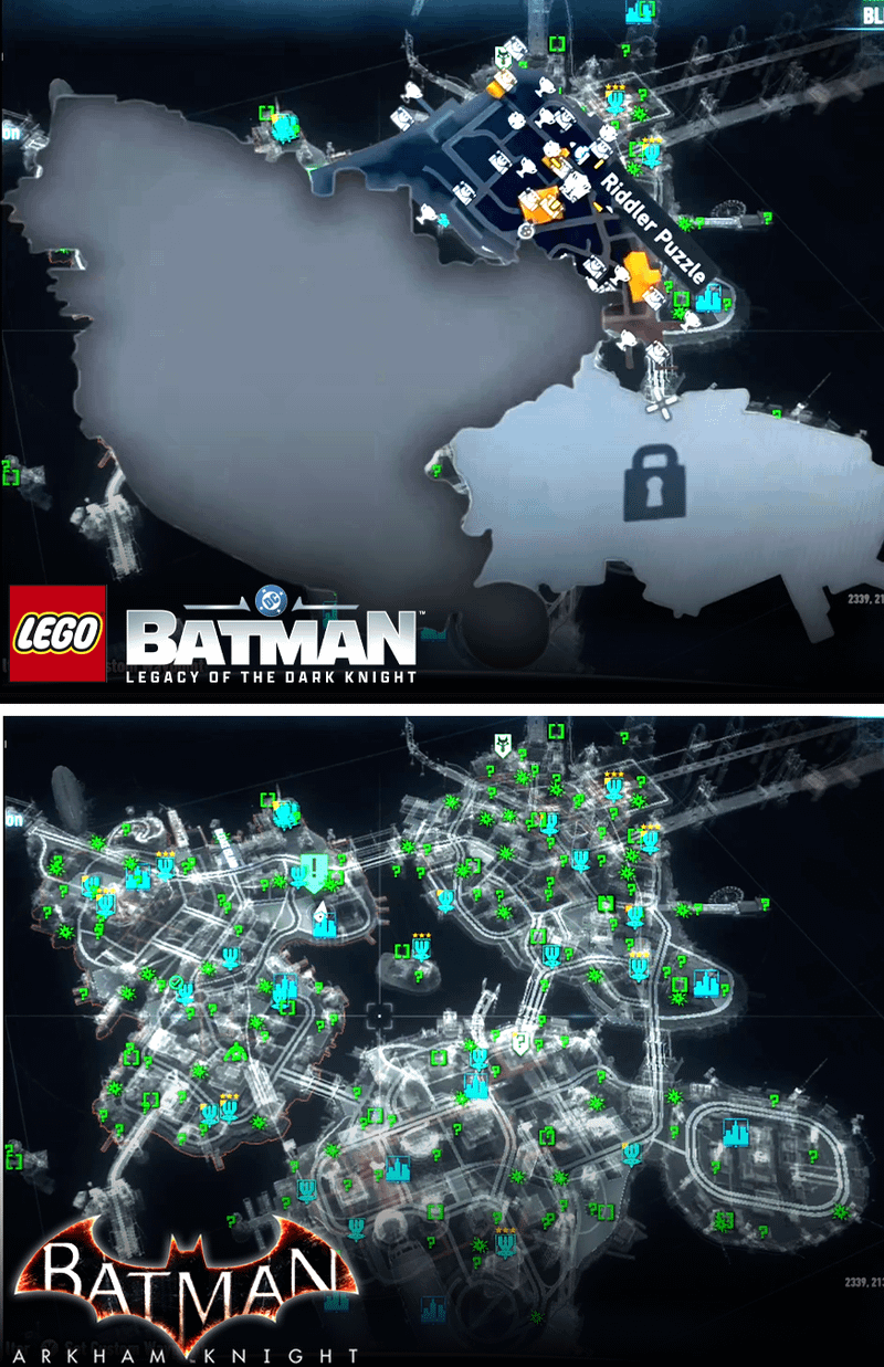  LEGO Batman: Legacy of the Dark Knight comparison map with Batman Arkham Knight map.