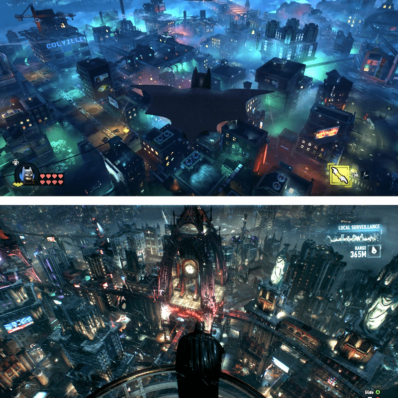 Batman overlooking Gotham City in  LEGO Batman: Legacy of the Dark Knight vs Arkham Knight.