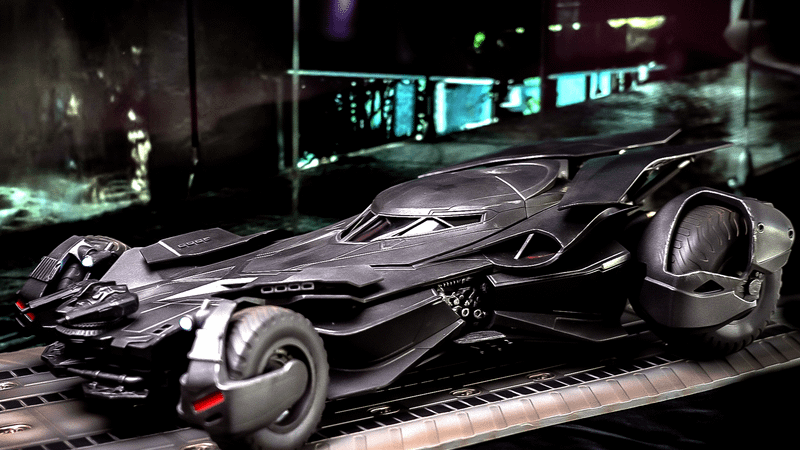 The Batmobile sitting in a garage in Batman v Superman