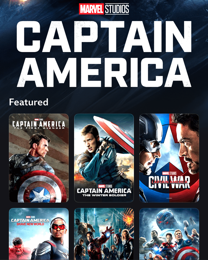 Captain America collection on Disney+ with movie and TV tiles.