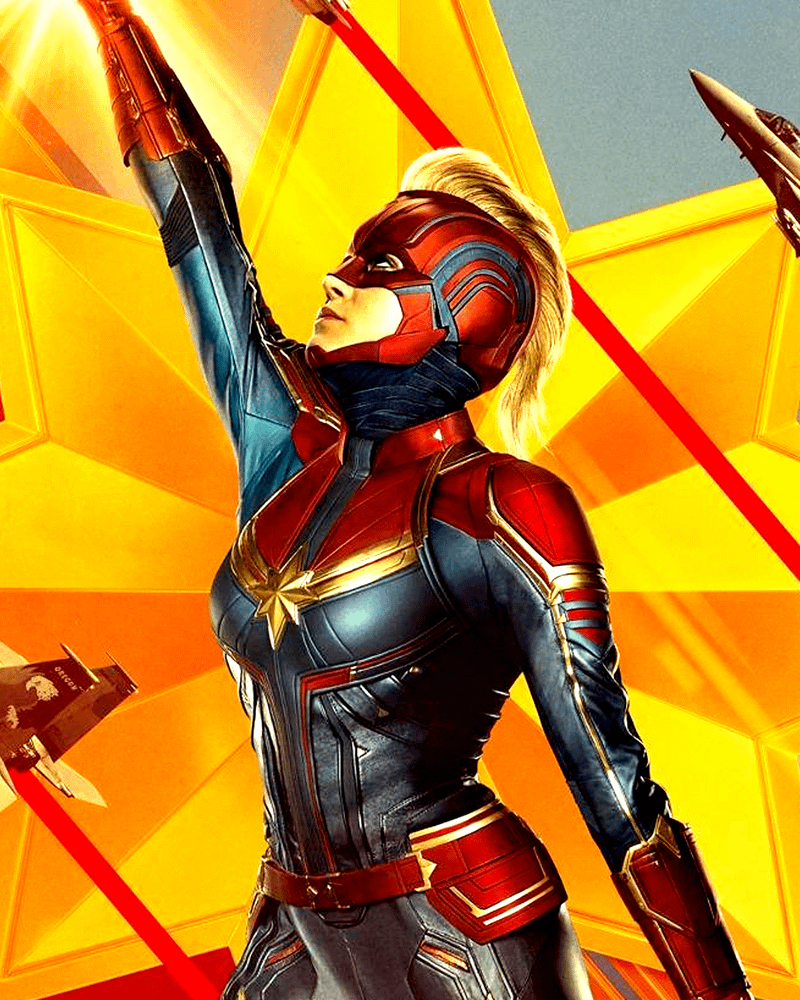 Brie Larson as Captain Marvel with helmet and mohawk in Captain Marvel poster