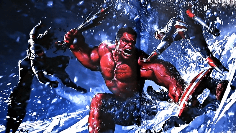 A concept art with Red Hulk ripping the wing from Falcon and fighting Captain America in Captain America: Brave New World