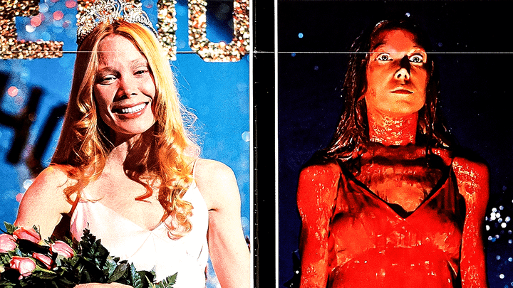 Sissy Spacek as Carrie in a prom dress while holding flowers and smiling on the left side of the image, and then Spacek as Carrie covered in blood on the right side of the image.