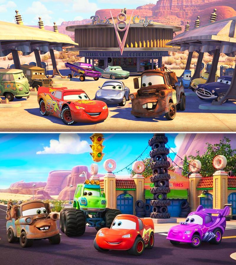 Cars Characters in Radiator Springs in Pixar Movies vs. Lightning Racers show.