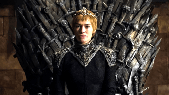 Cersei Lannister sitting on the Iron Throne.
