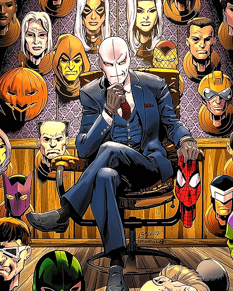 Chameleon sitting in a room with a handful of masks on the wall behind him in Marvel Comics