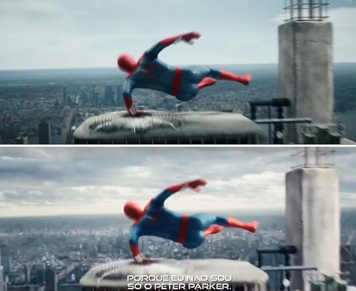 The original shot of Spider-Man jumping off a rooftop and the updated shot below it.