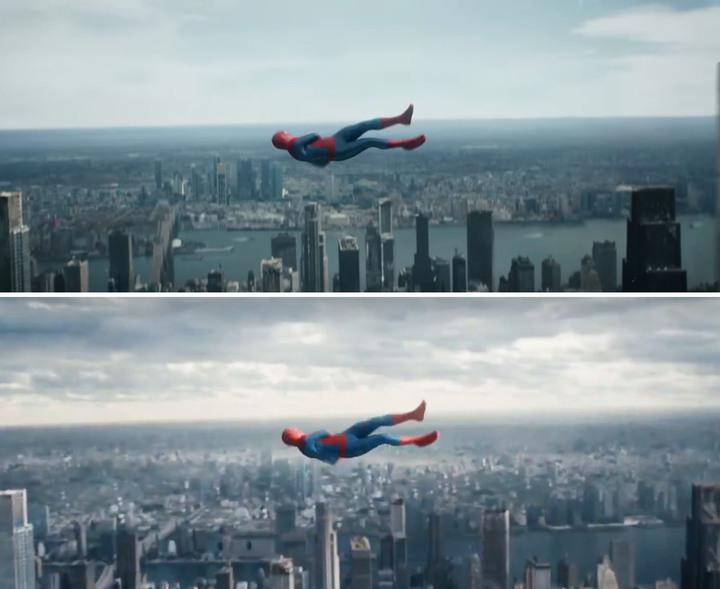 The original shot of Spider-Man jumping off a rooftop and the updated shot below it.
