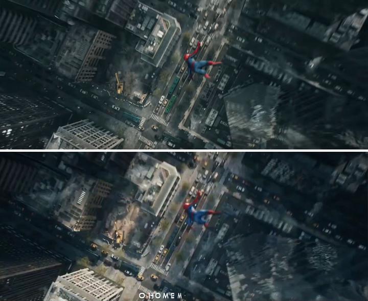 The original shot of Spider-Man falling from a rooftop and the updated shot below it.