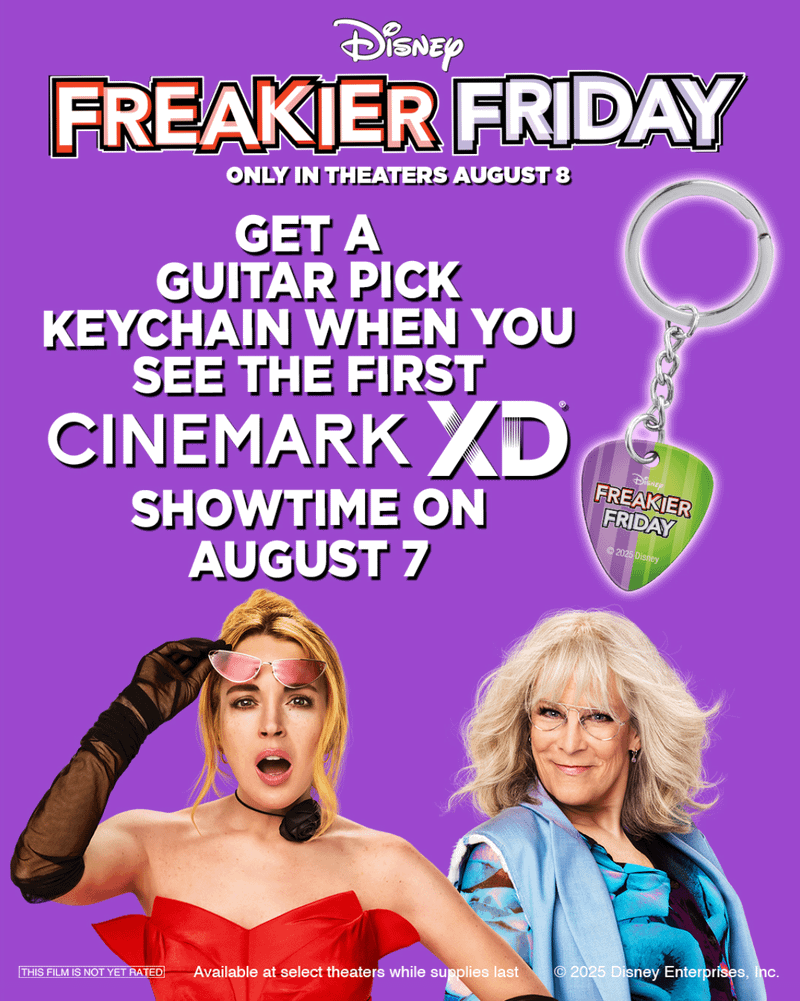 Freakier Friday ad for guitar pick keychain from Cinemark Theatres
