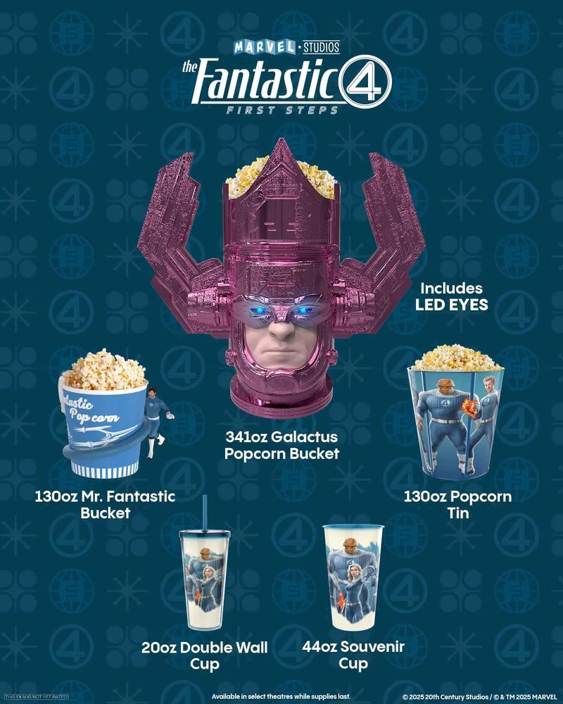 The Cinemark Fantastic Four: First Steps popcorn bucket lineups