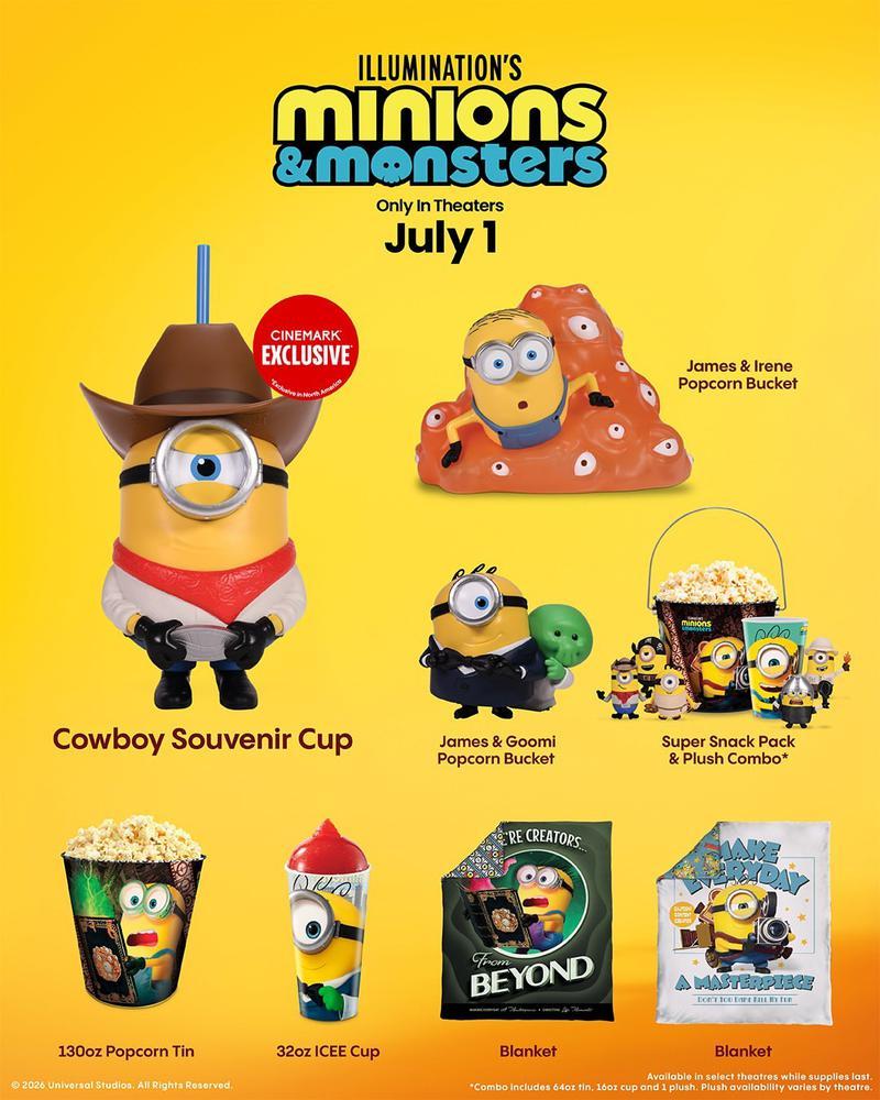 James & Goomi Popcorn bucket, Cowboy Souvenir cup, Irene Popcorn Bucket, Super Snak Pack & Plush combo, popcorn tin, ICEE cup, and blankets from 'Minions & Monsters.'