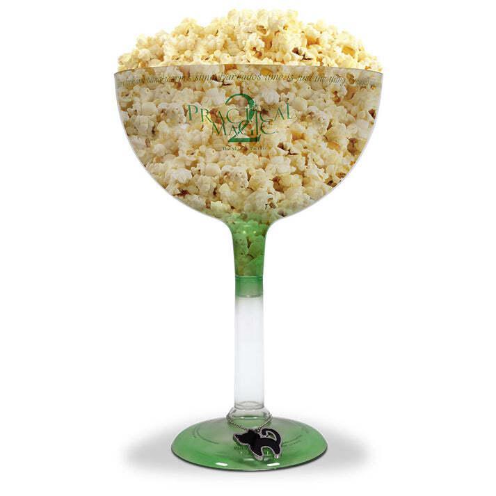 Practical Magic 2 margarita glass popcorn bucket filled with popcorn.