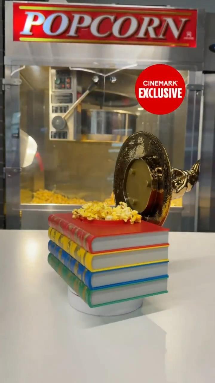 Cinemark, Harry Potter popcorn bucket, sorting hat and books, limited edition gold, open.
