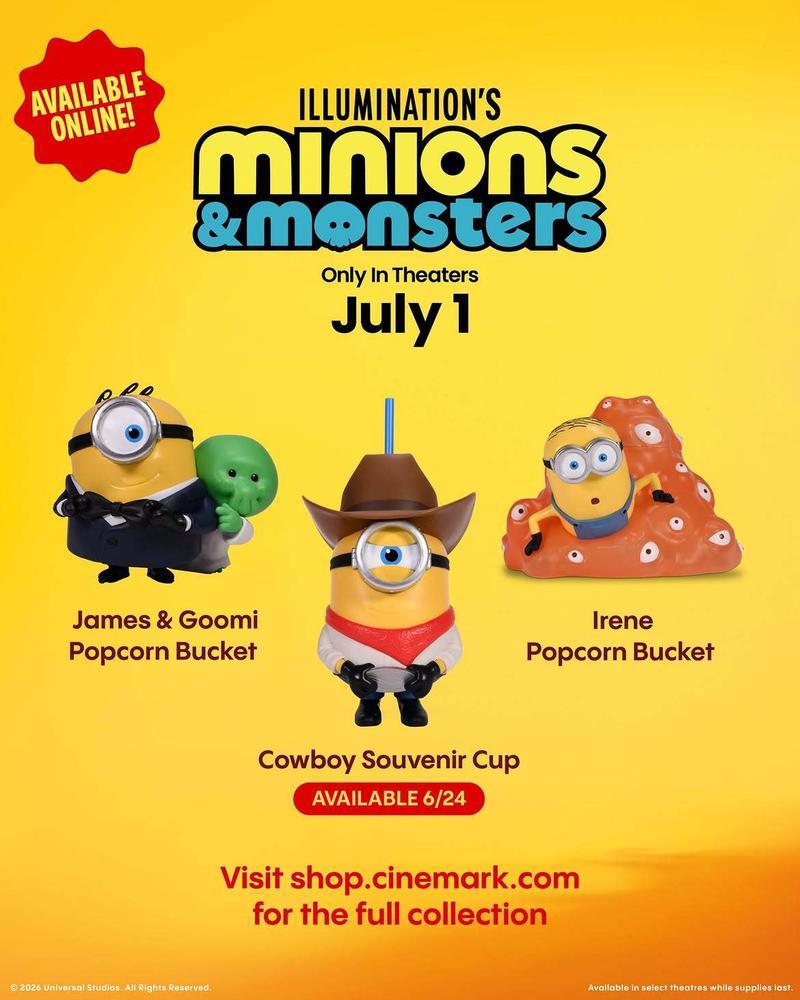 James & Goomi Popcorn bucket, Cowboy Souvenir cup, Irene Popcorn Bucket from 'Minions & Monsters.'