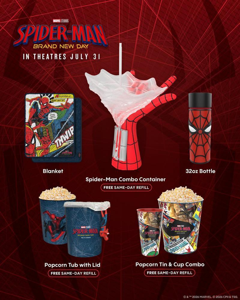 Cinemark’s Webbed Hand container, other popcorn buckets and collectibles.