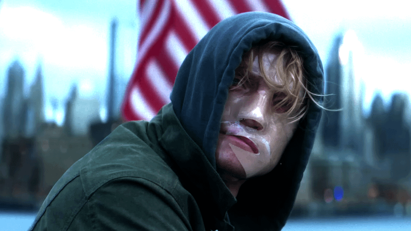 Tom Rhys Harries in plastic mask as Matt Hagen in Clayface.