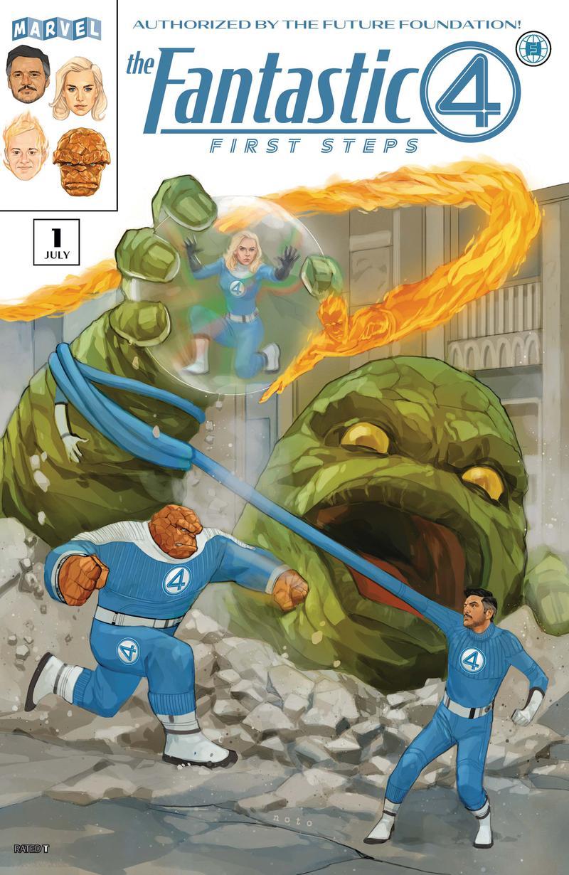 The Fantastic Four fighting Giganto in First Steps comic cover.