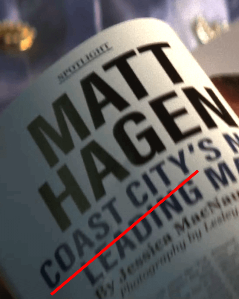 The magazine headline that states Matt Hagen is from Coast City.