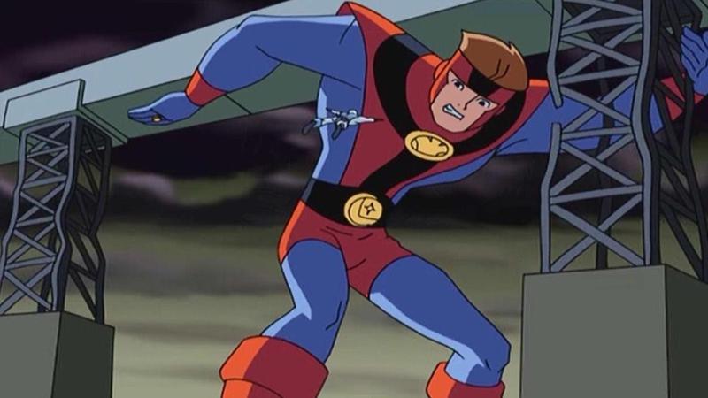 Colossal Boy holding up a crane in a DC animated show.