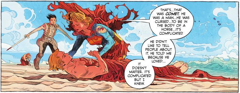Panel from Supergirl: Woman of Tomorrow showing Kara gently laying down the body of Comet on a beach as she explains his origin to Ruthye.