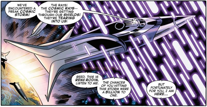 Panel from Fantastic Four: First Foes showing Marvel's first family inside a spaceship getting hid by purple cosmic rays.