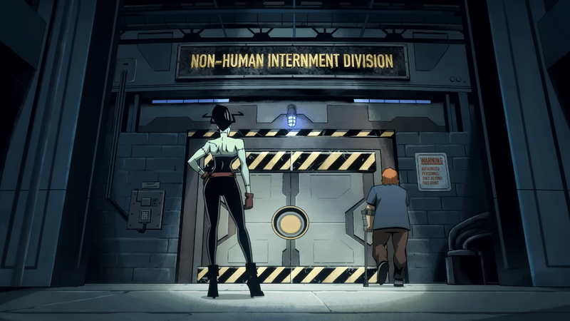 The Bride standing in front of a prison ward in Creature Commandos.