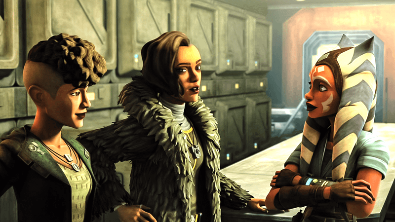 Ahsoka and the Martez sisters standing in a ship bay in Star Wars: The Clone Wars