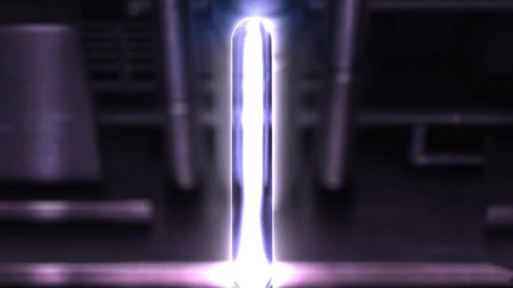 A blue lightsaber changing to black and white in The Ninth Jedi.