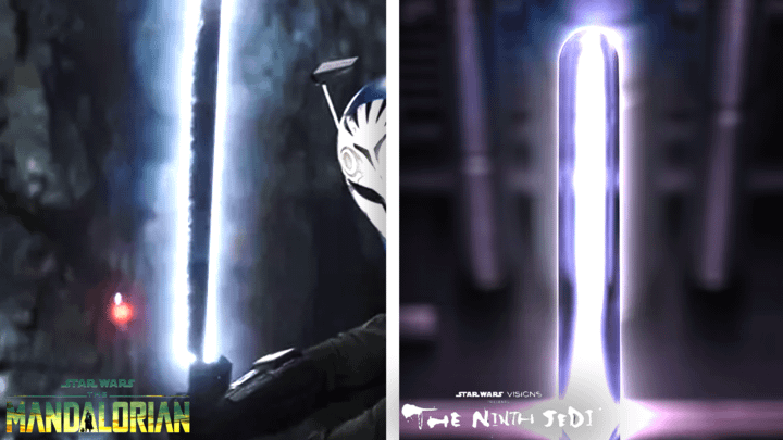 Bo-Katan Kryze holding the Darksaber on the left, and a Darksaber-colored lightsaber in the Ninth Jedi.