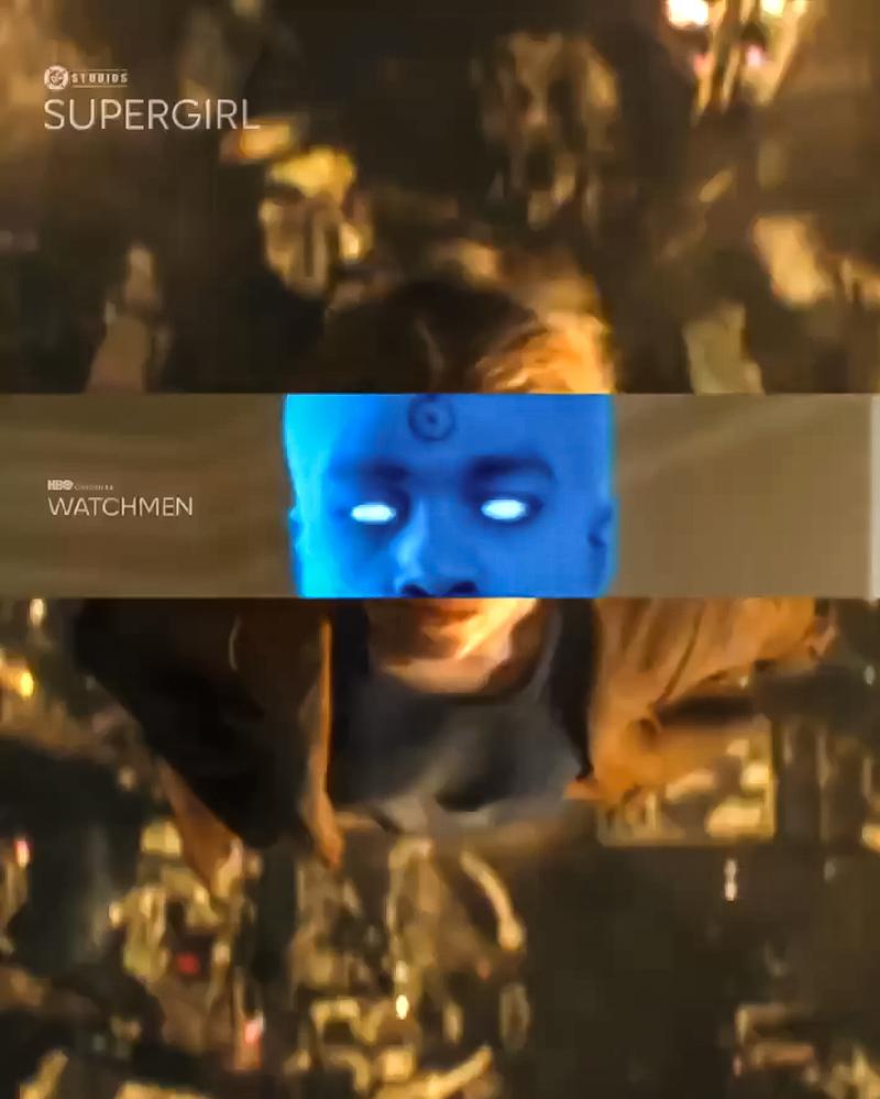 Yahya Abdul-Mateen II's Doctor Manhattan overlayed on top of a clip of Milly Alcock's Supergirl.