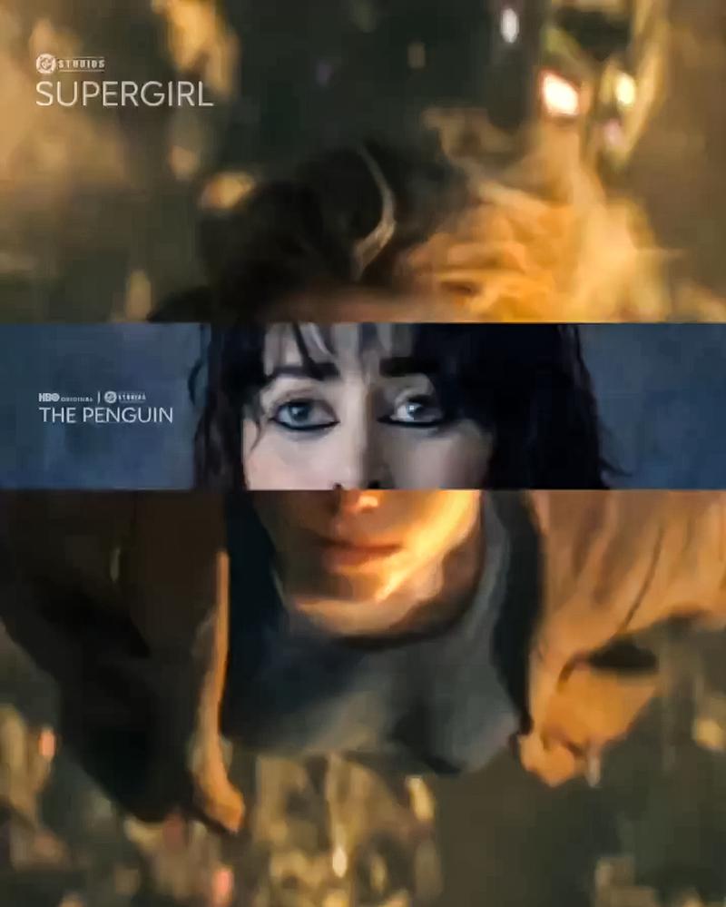 Cristin Milioti's Sofia Falcone overlayed on top of a clip of Milly Alcock's Supergirl.