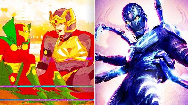 DC Mister Miracle TV show and Blue Beetle movie poster.