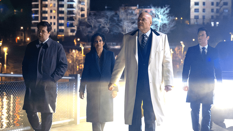 Michael Gandolfini as Daniel Blake, Zabryna Guevara as Sheila Rivera, Vincent D'Onofrio as Wilson Fisk, and Arty Froushan as Buck Cashman in 'Dardevil: Born Again' Season 2.