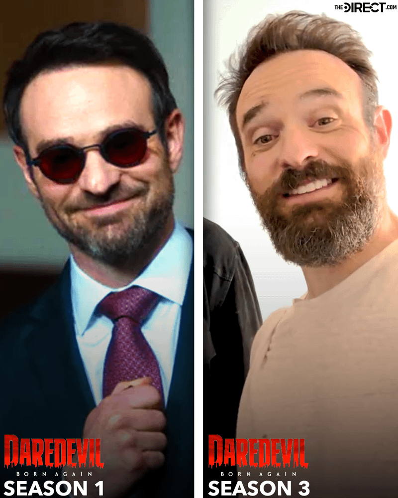 On the left, Charlie Cox has a light beard; on the right, he has a thick one.