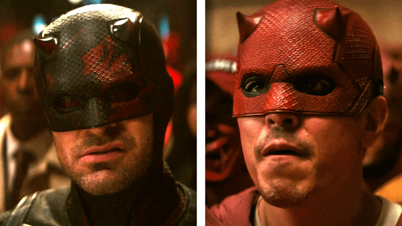 Matt Murdock wearing Daredevil mask with a rioter wearing red cowl.