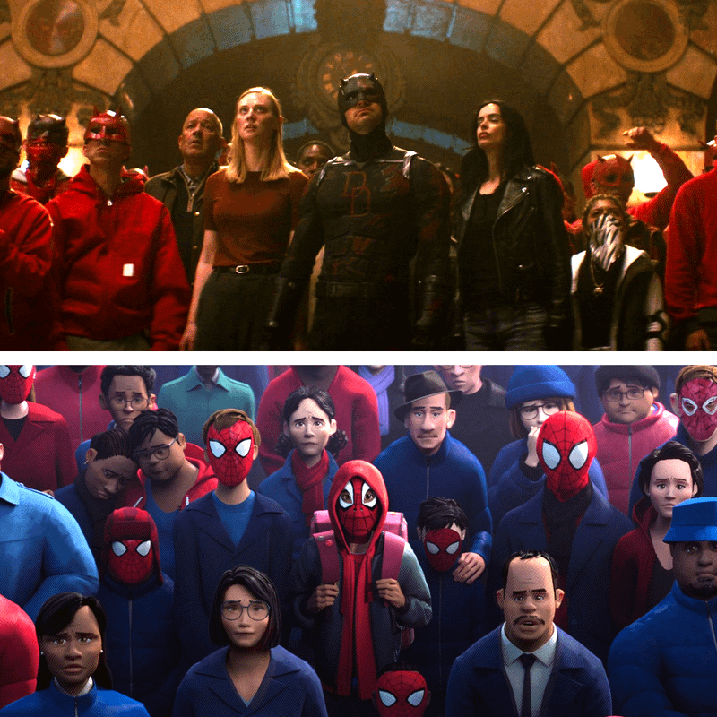 Crowd wearing Daredevil masks in Born Again Season 2, New York wearing Spider-Man masks in Into the SpiderVerse.