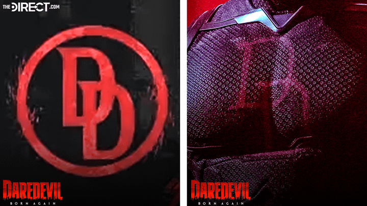 The new Daredevil symbol on a poster and the symbol on Daredevil's new suit.