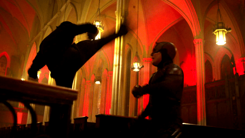 Daredevil and Bullseye fight in church in Daredevil.