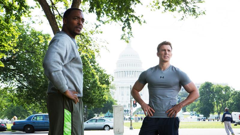 Sam Wilson and Steve Rogers in Captain America: Winter Soldier.