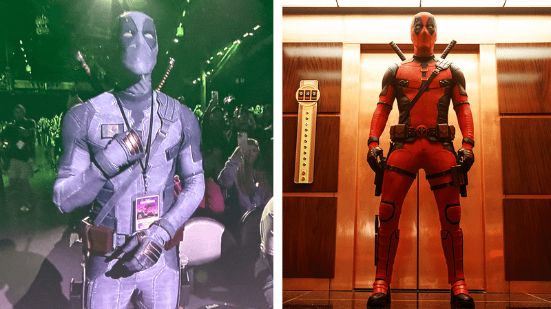 Ryan Reynolds as Deadpool in Marvel Studios' SDCC panel., red Deadpool costume from 'Deadpool & Wolverine.'
