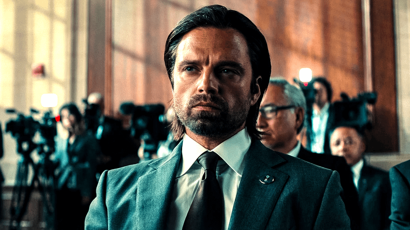 Sebastian Stan as Bucky Barnes, watching Valentina testify in court in Marvel Studios' Thunderbolts.