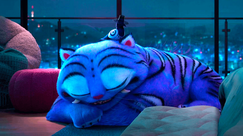 Derpy tiger sleeping with a magpie in KPop Demon Hunters