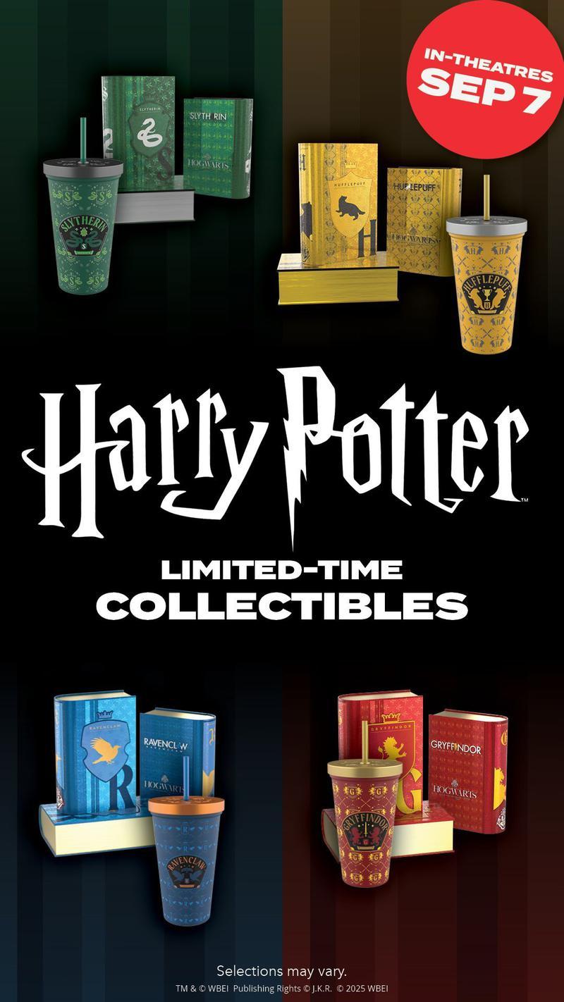 Harry Potter limited time collectible cups and popcorn buckets from Marcus Des Peres