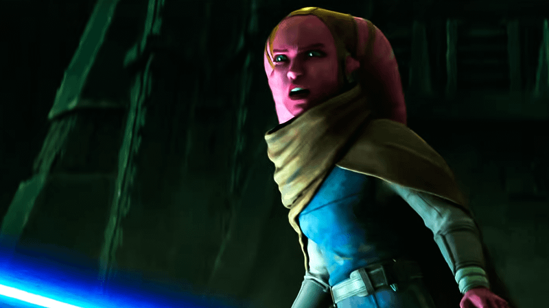 Devon Izara with blue lightsaber in Maul: Shadow Lord.