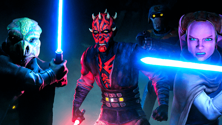 Eeko-Dio Daki with his lightsaber, Maul with his lightsaber, Two-Boots, and Devon with her lightsaber in Maul - Shadow Lord.