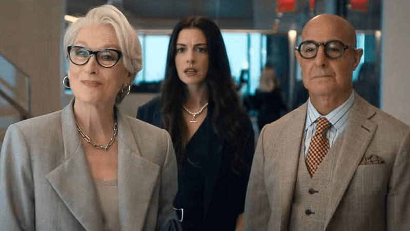 Meryl Streep, Anne Hathaway, and Stanley Tucci in The Devil Wears Prada 2.