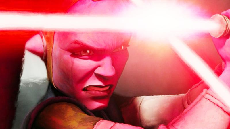 Devon Izara with a red lightsaber.