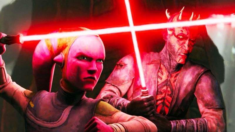 Devon Izara and Maul with red lightsabers.