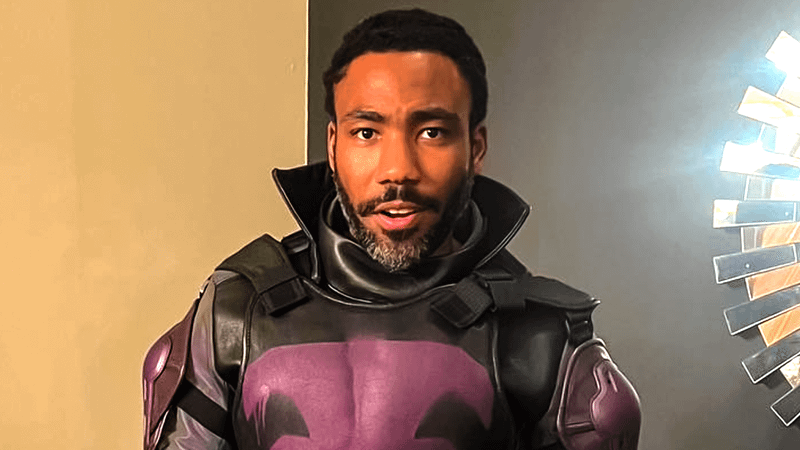 Behind-the-scenes look at Donald Glover in the Prowler suit.